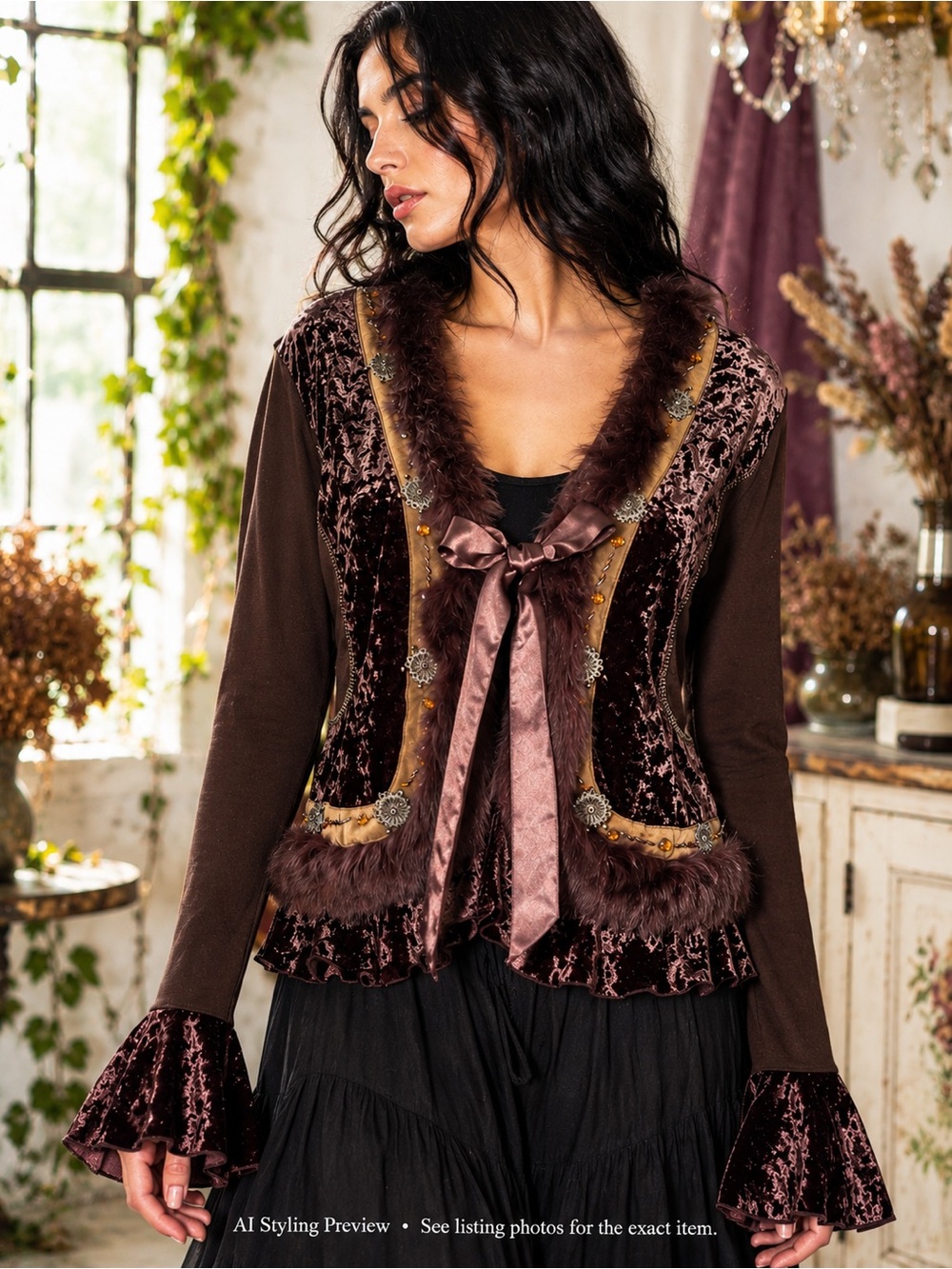 Fresh FX XL Brown Plum Velvet Faux Fur Embellished Boho Jacket